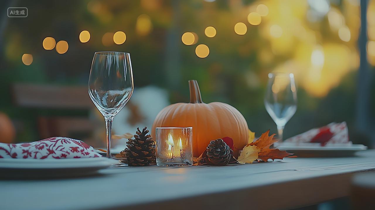感恩节户外餐桌南瓜灯光温馨布置