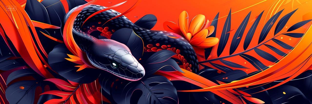 探索橙黑花丛中隐藏的黑曼巴蛇插画