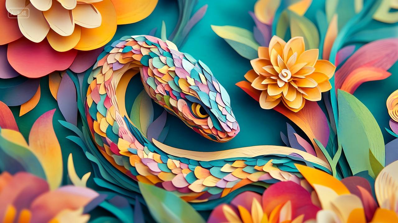 五彩缤纷的剪纸花丛与蛇