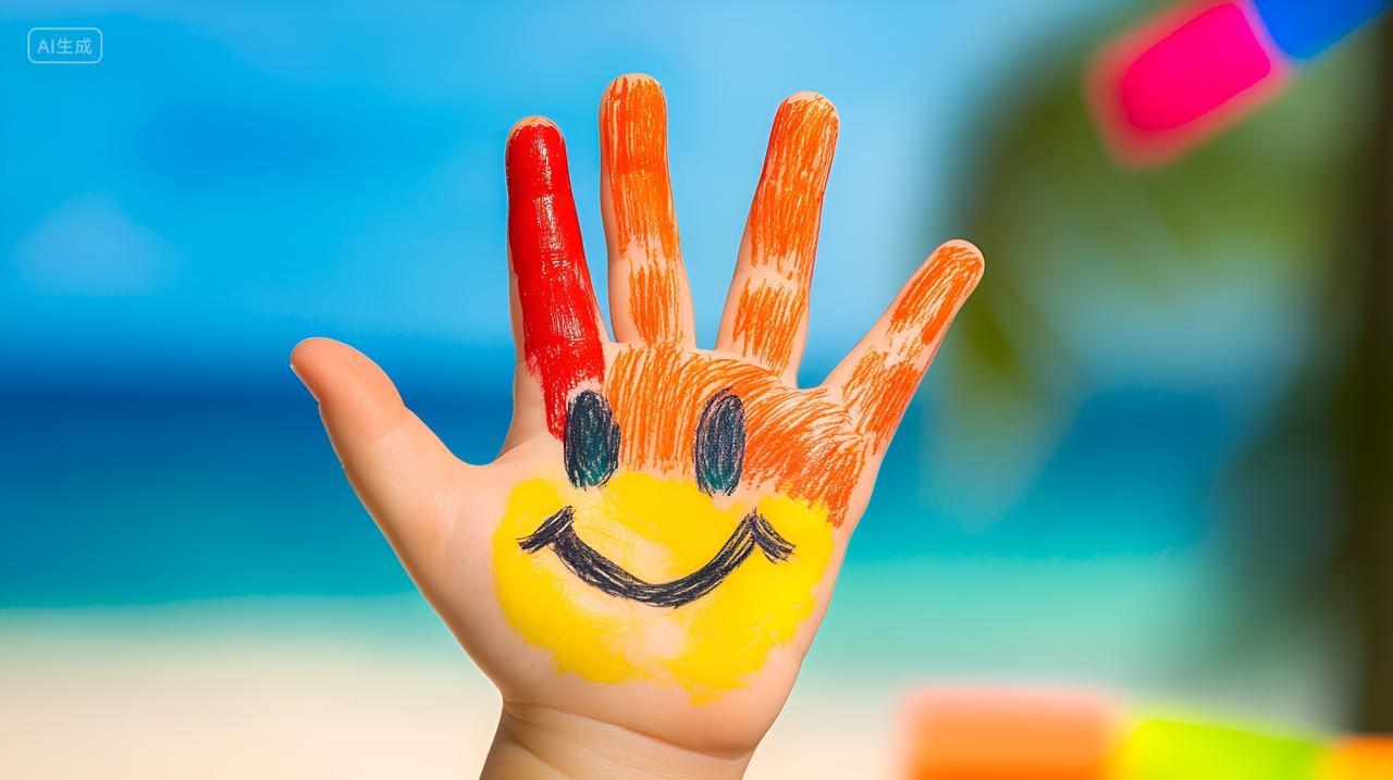 快乐微笑手掌画画五彩缤纷夏天夏季暑假