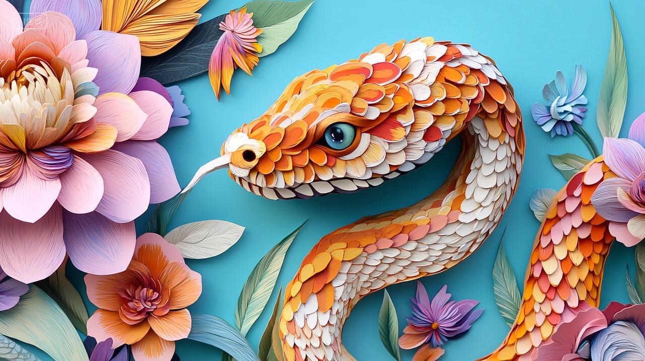 五彩缤纷的剪纸花丛与蛇