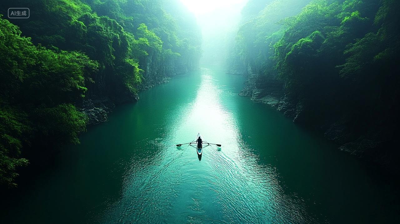 绿意盎然的青山绿水中一位男子在湖面上悠然的划船