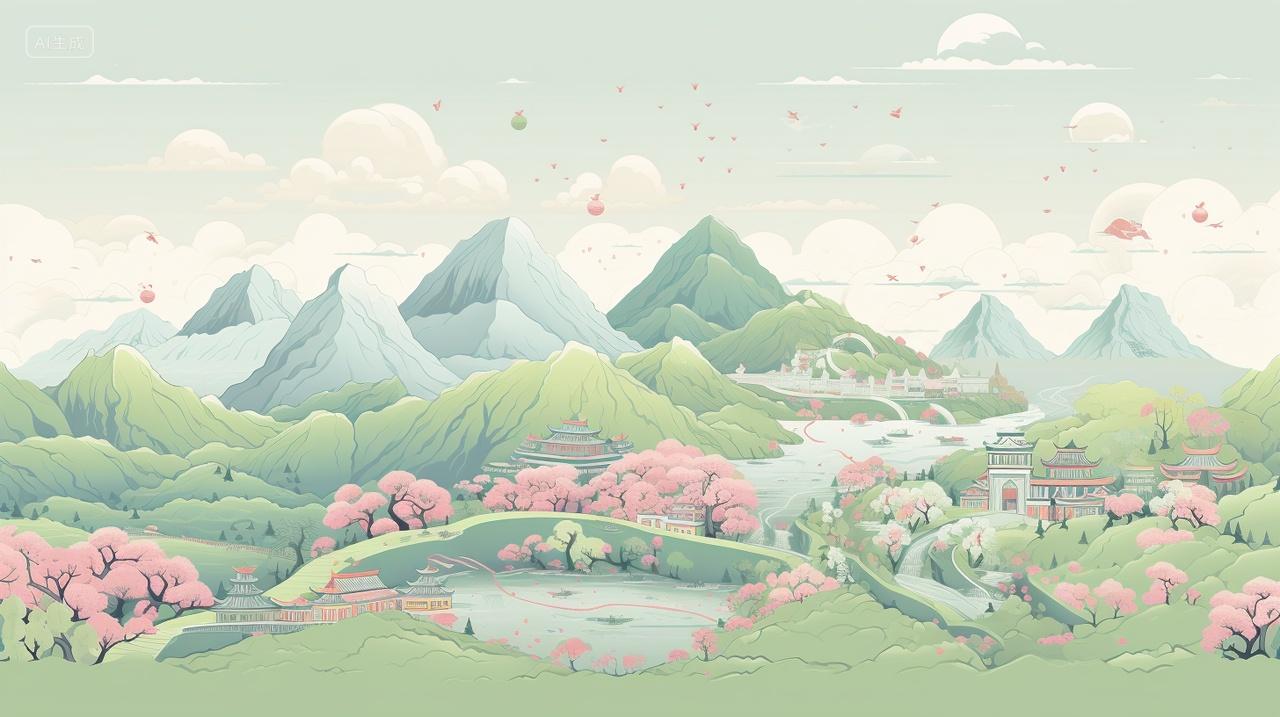 清明节春雨绿树成荫远山朦胧飞鸟湖泊乡村春季自然风景渐变插画