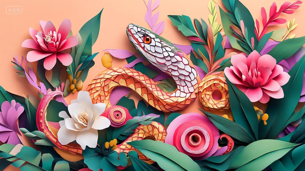 五彩缤纷的剪纸花丛与蛇