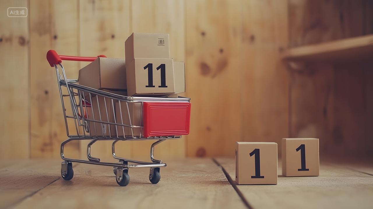 双十一购物车与纸箱木质背景物流场景