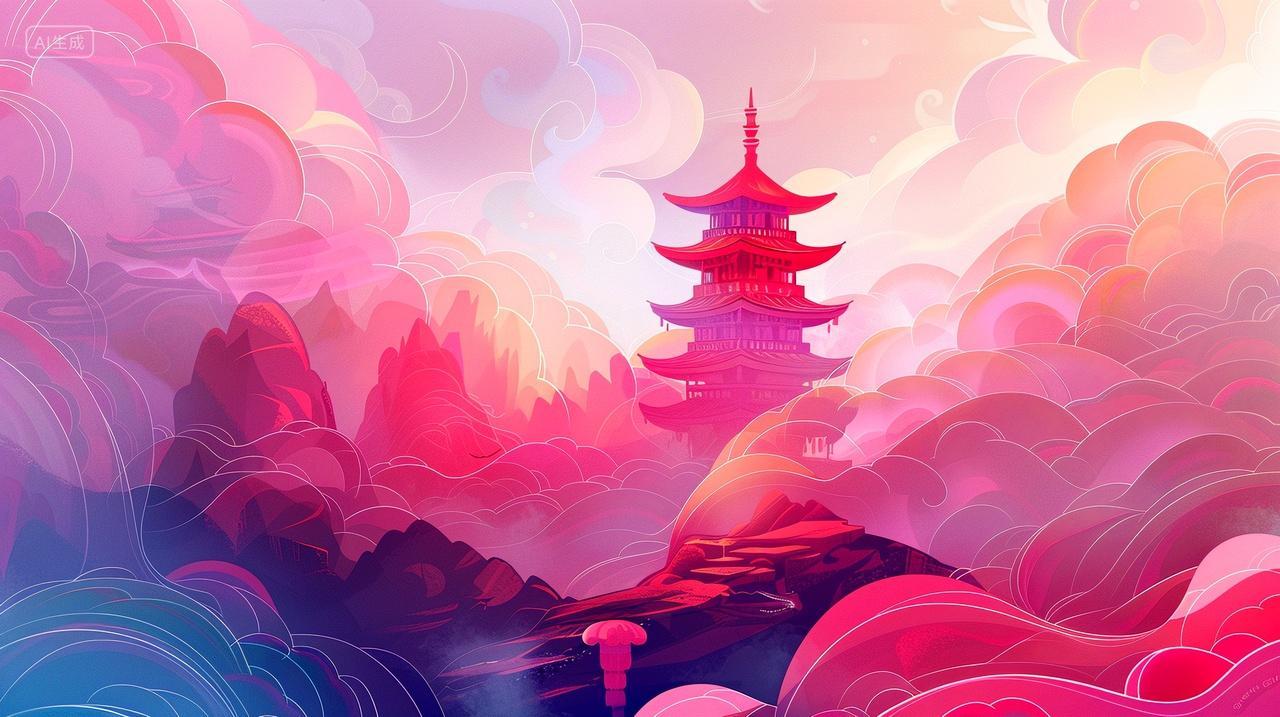 云雾缭绕下的宝塔若隐若现插画