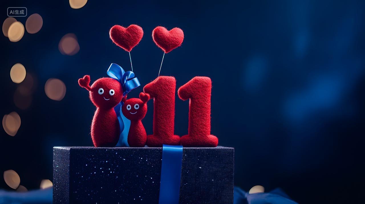 双十一可爱摆件心形气球与蓝色礼物盒浪漫场景