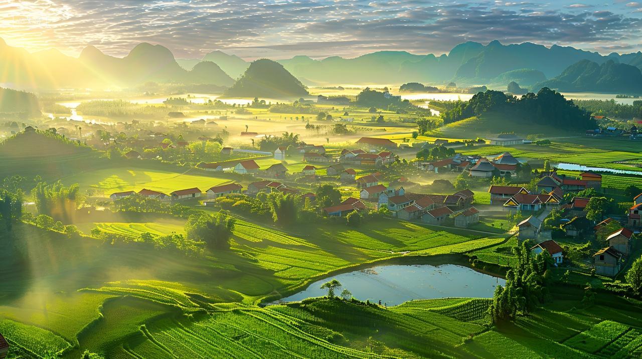 晨曦田园风光美景乡村田野房屋村庄山川河流