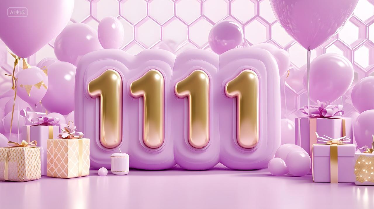 双十一粉紫梦幻庆典金色数字礼盒气球