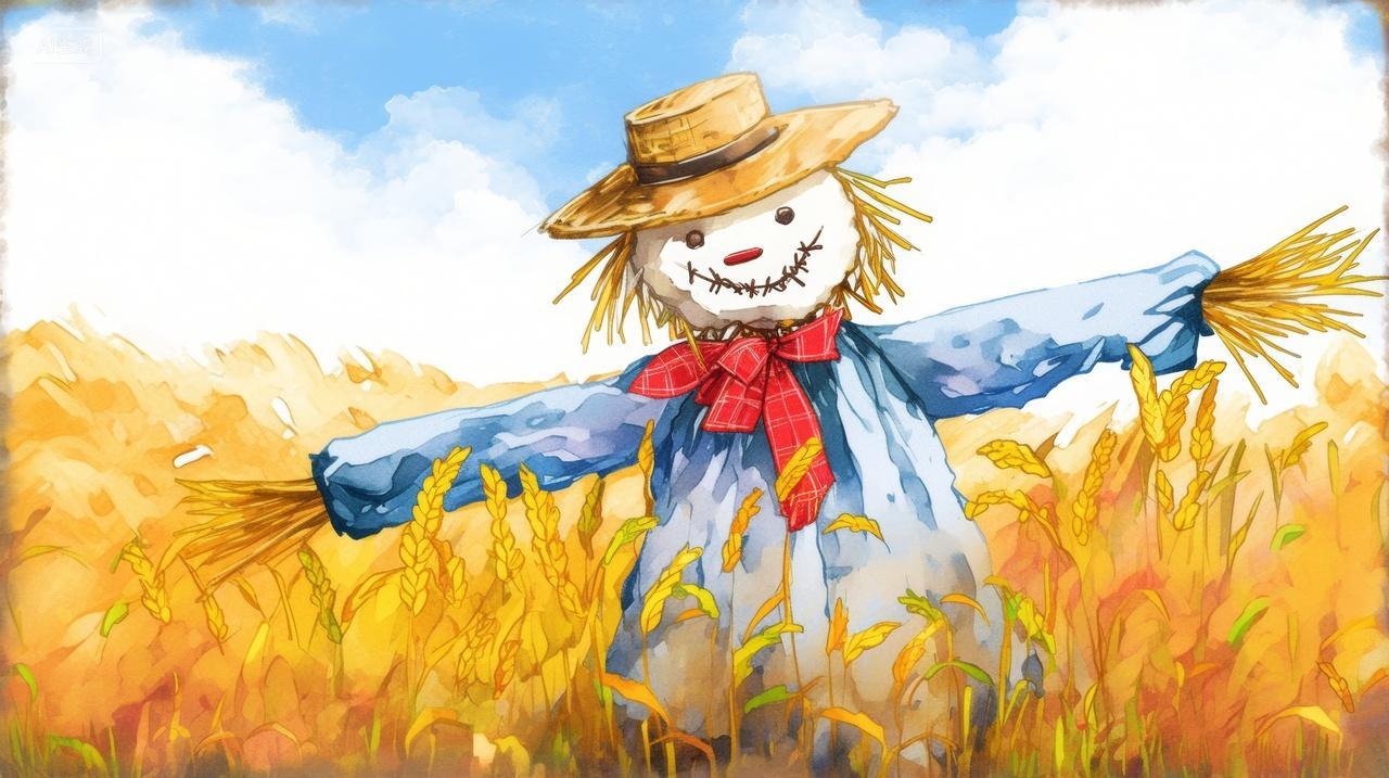 田里的稻草人微笑乡村田园风光秋天秋收漫画