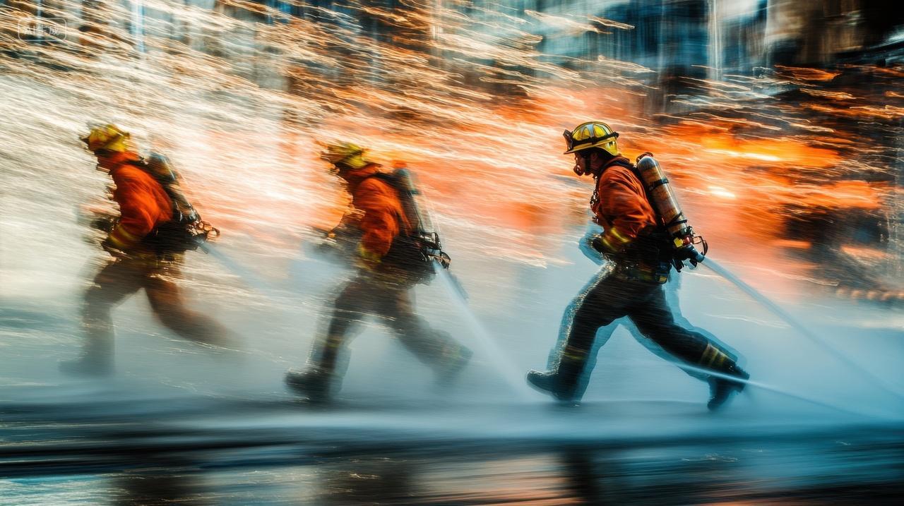正在急速前进救火的消防员