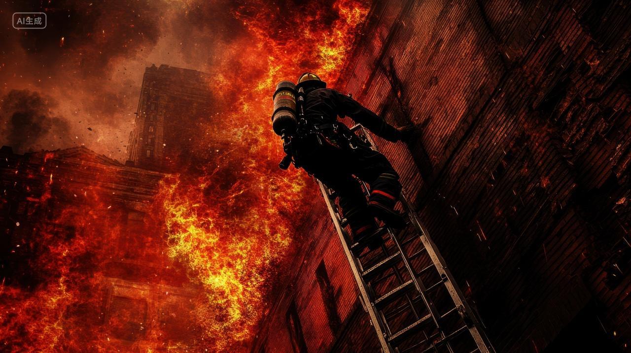 爬着梯子到楼上救火的消防员