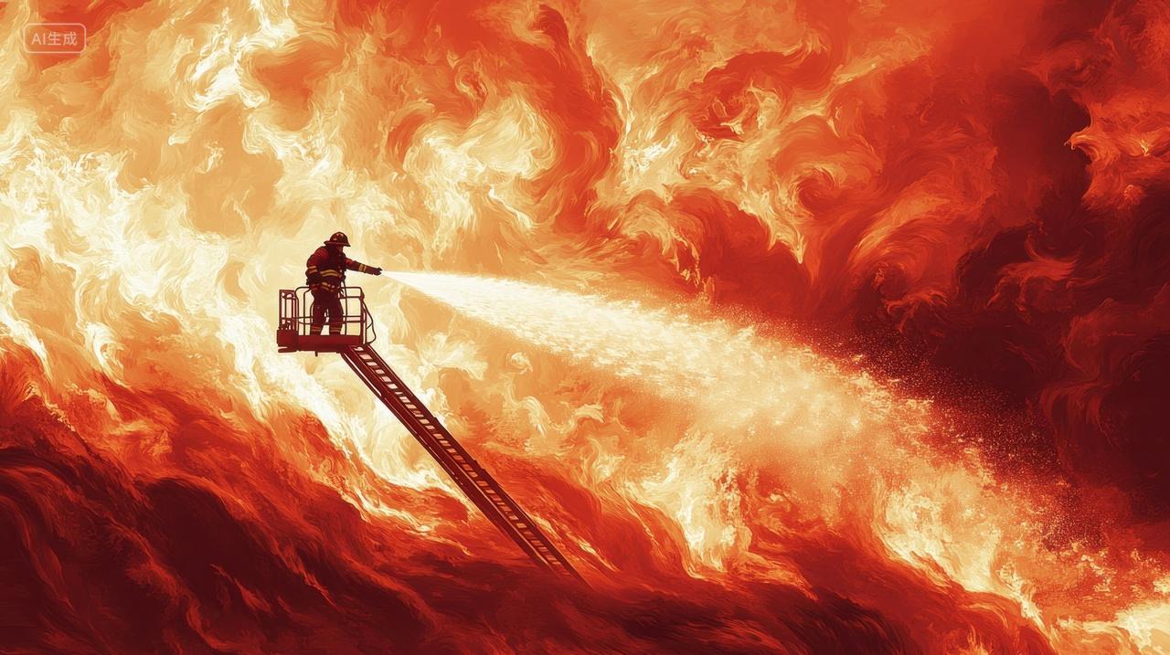 火灾现场站在消防梯上救火的消防员