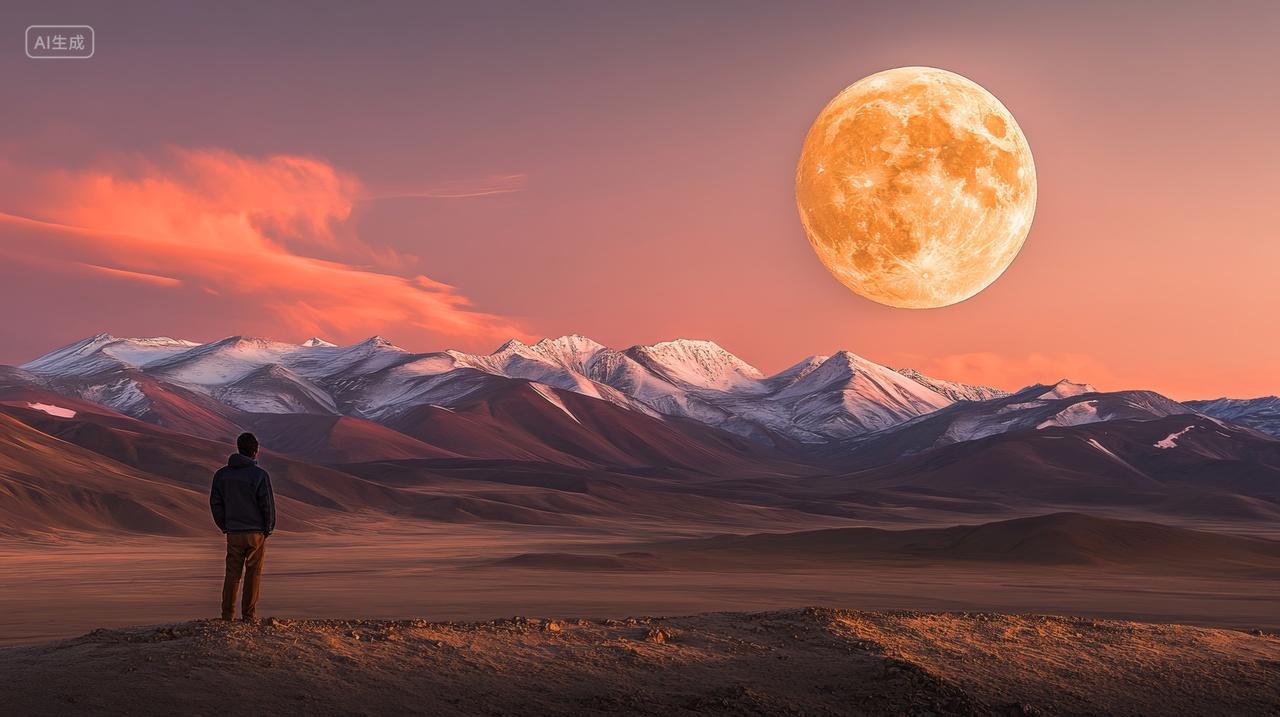 男人背影站在雪山下圆月大月亮孤独旅行者