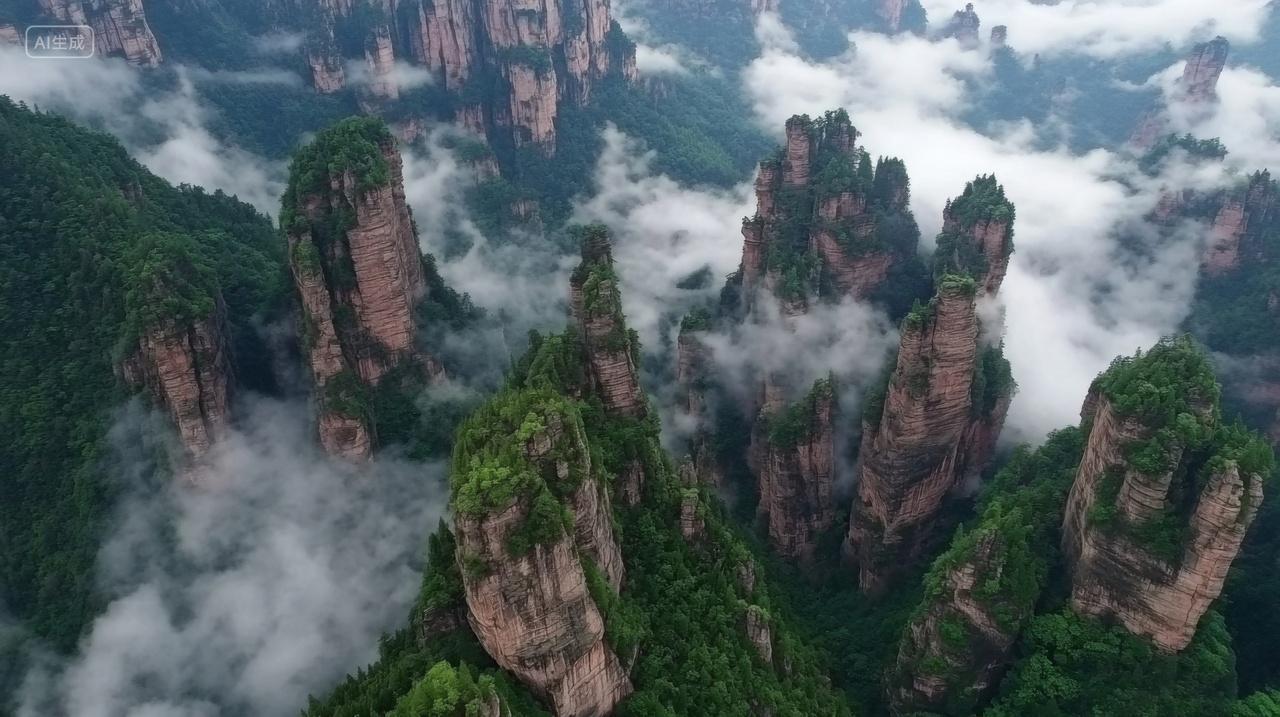 湖南张家界云海雾气山峰绿色中国自然风景