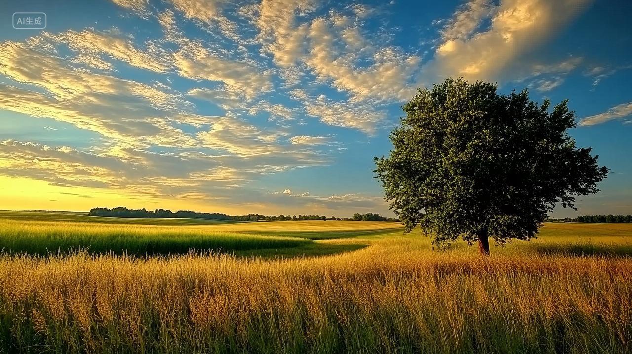 金色田野上的孤独树木夕阳麦田田野风景壁纸