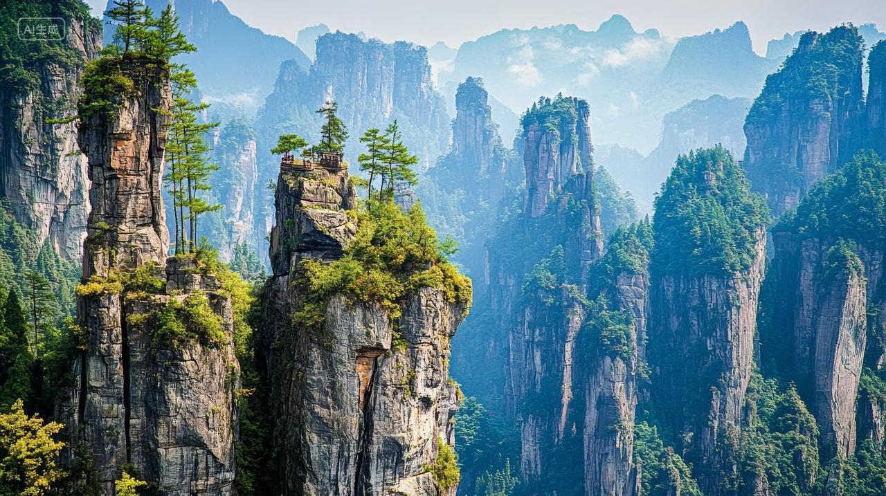 中国湖南张家界云海雾气山峰山顶自然风景