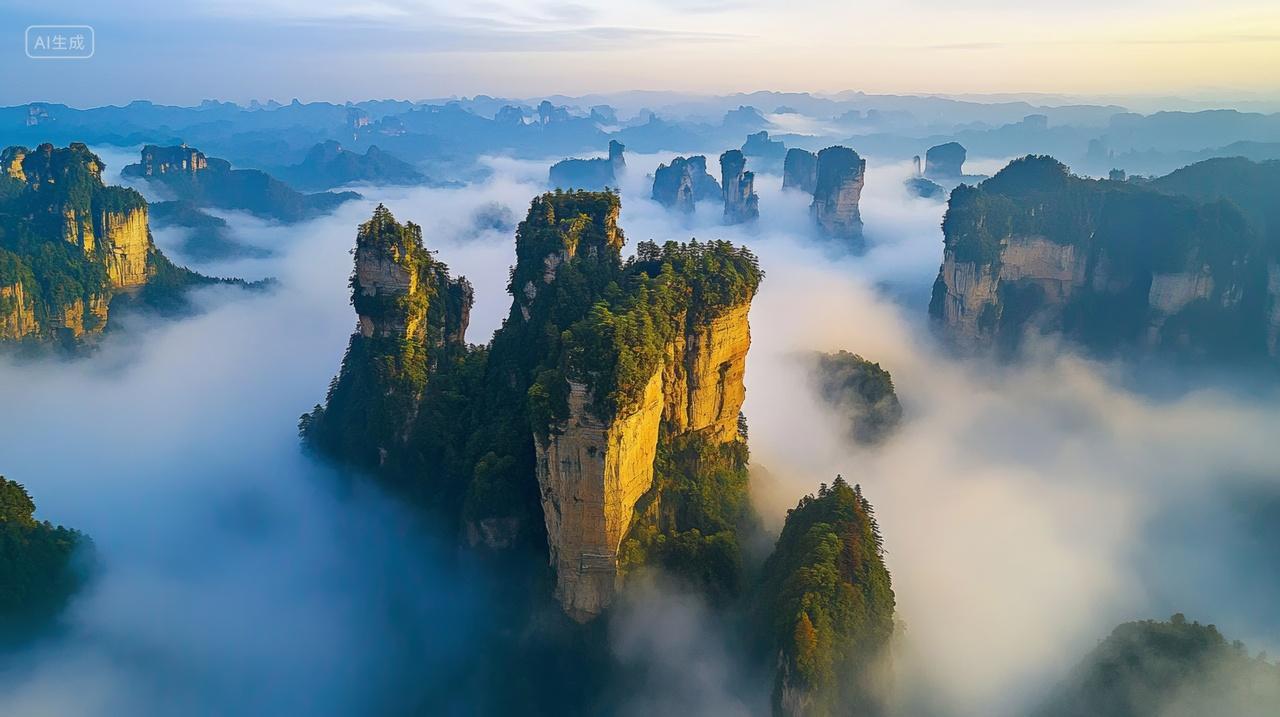 湖南张家界云海雾气山峰山顶中国自然风景