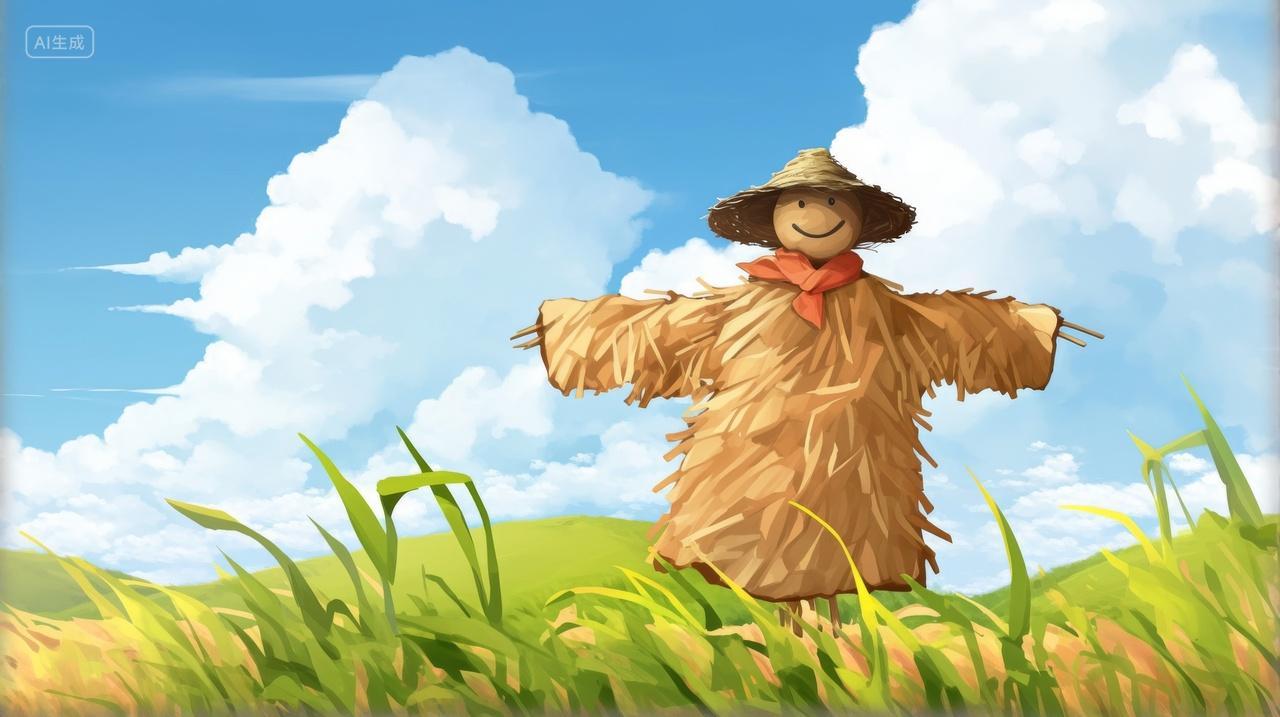 稻草人守望稻田野微笑秋天秋收乡村田园风光