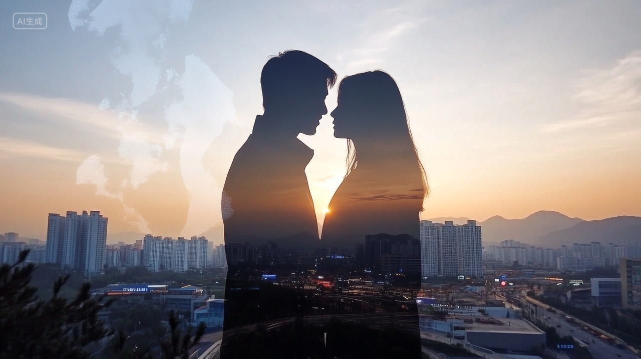 七夕情人节城市日落情侣夕阳剪影爱情520