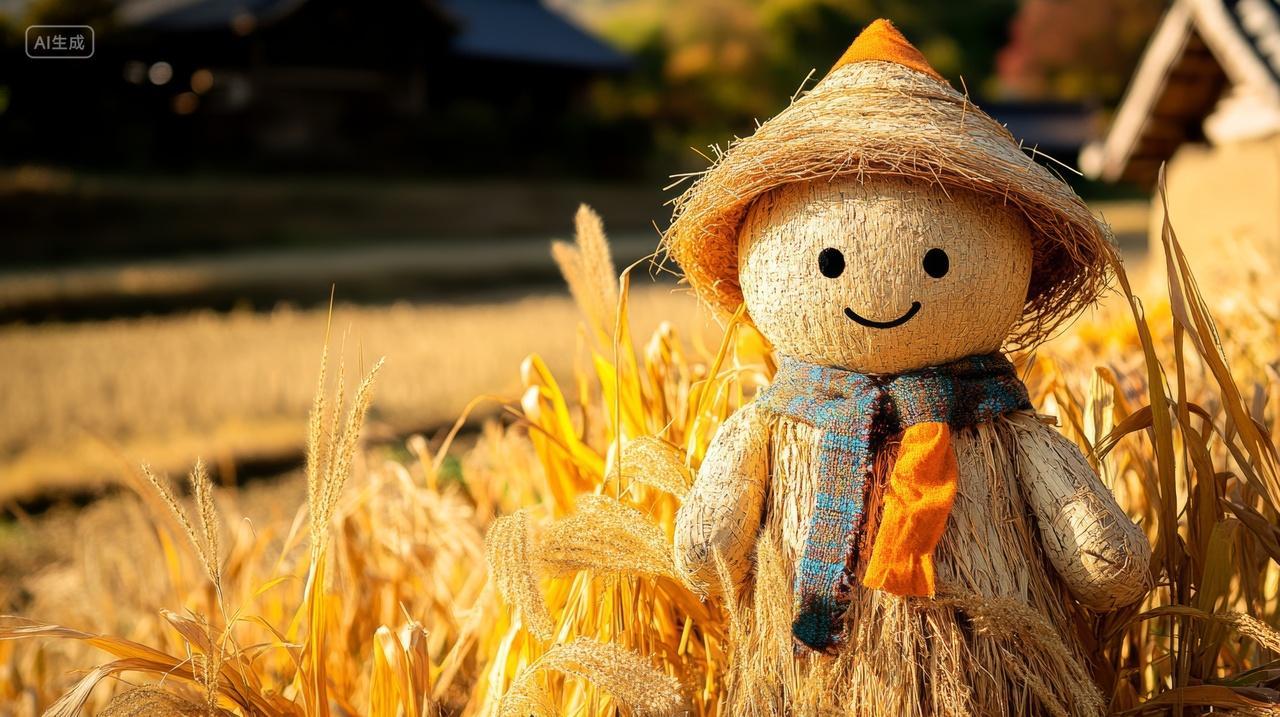 稻田里的稻草人微笑秋天秋收乡村田园风光