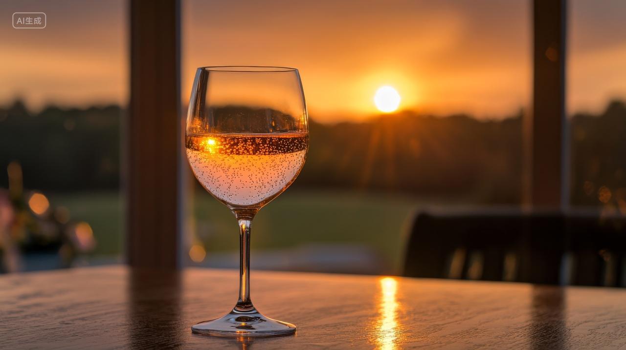 黄昏夕阳下桌子上高脚杯白葡萄酒室内假期