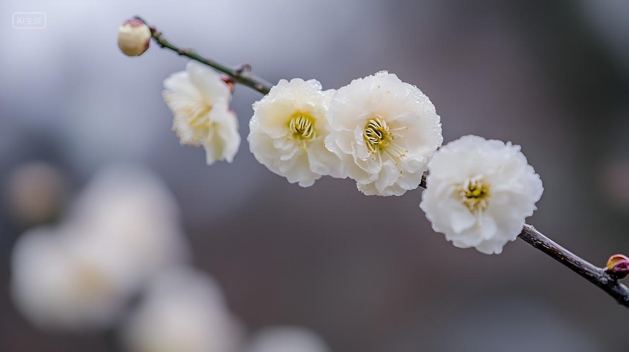 冬日盛开的梅花枝头上的白色花朵唯美壁纸