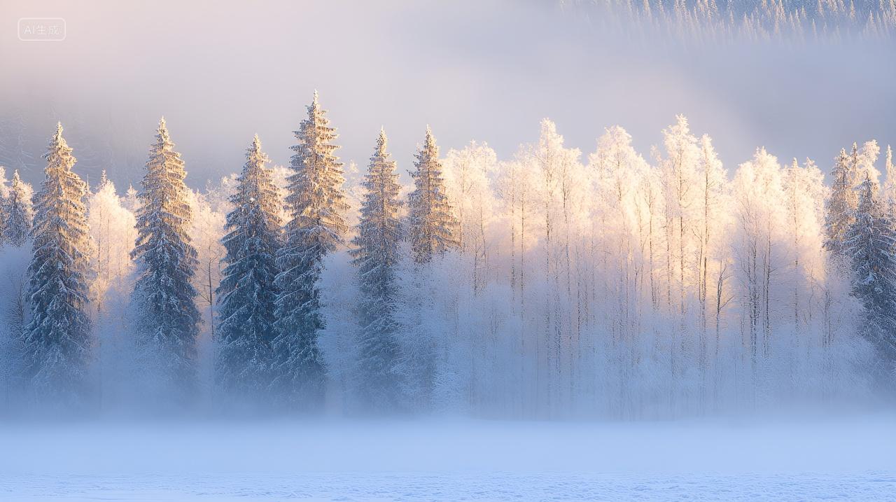 冬日雾凇森林冰雪覆盖树林雪景冬天下雪雪松