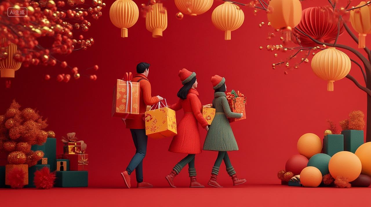 新年买年货人喜庆着装中景红色背景手提年货元旦插画