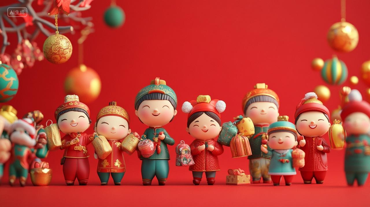 2025新春新年买年货可爱小人喜庆着装中景手提年货元旦插画