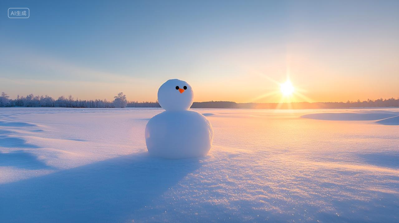 冬日暖阳下的雪人堆雪人雪地雪景冬季冬天