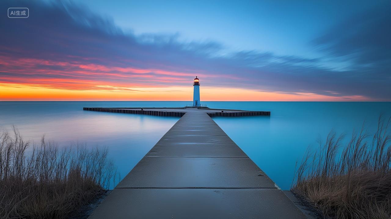 暮色中的灯塔湖心桥木板桥日出日落夕阳晨曦