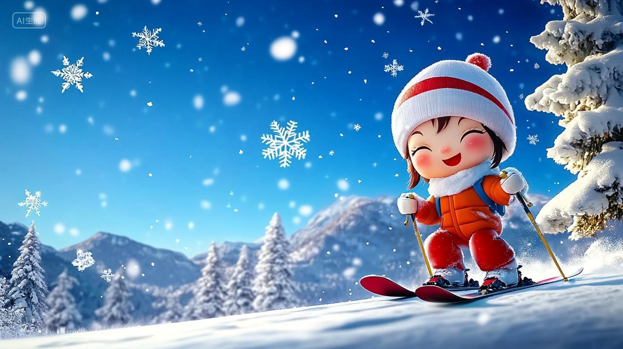 冬天滑雪的小女孩插画