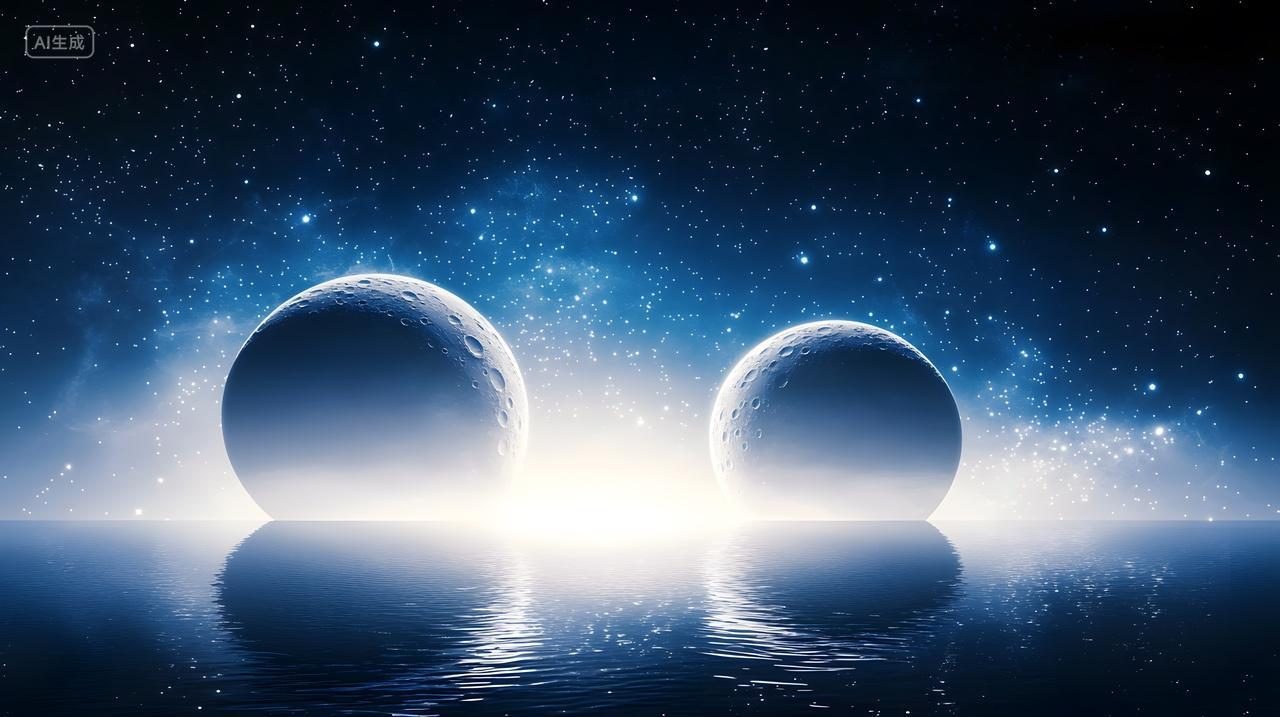 两颗月亮倒映在平静宇宙水域