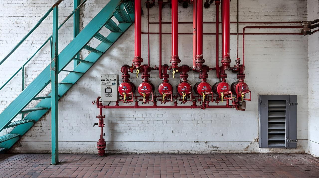 建筑外墙消防管道与阀门系统全国消防日安全宣传图片