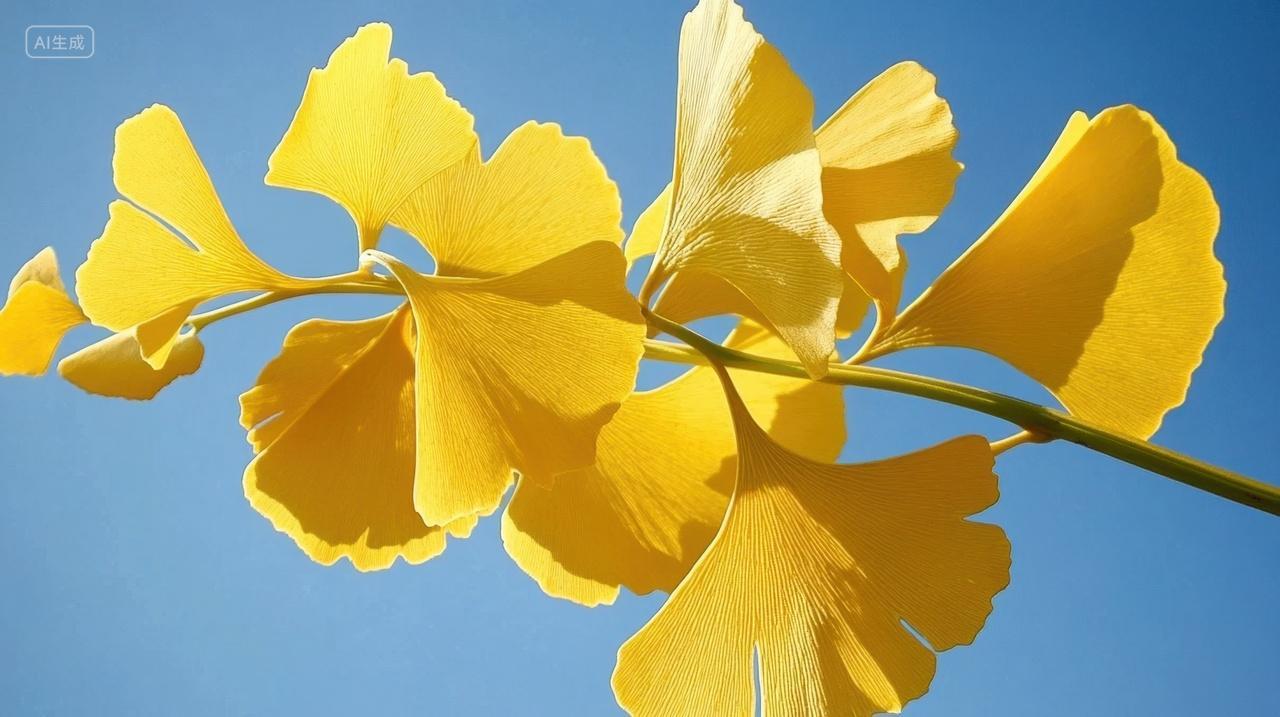 蓝色天空下的金色银杏叶特写