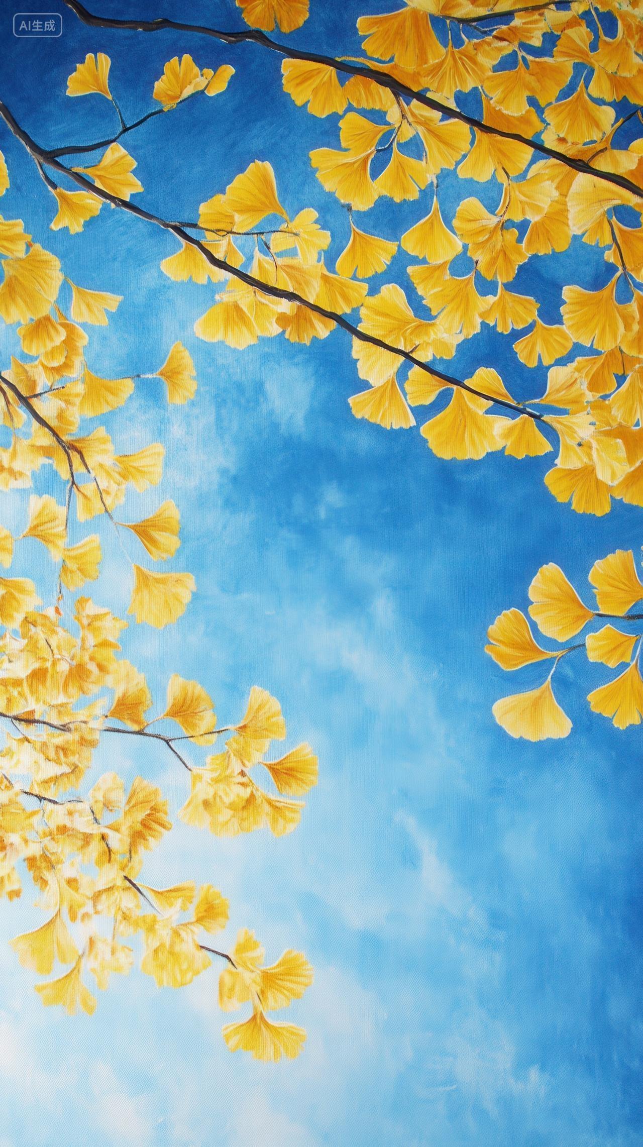 蓝色天空下的金色银杏叶