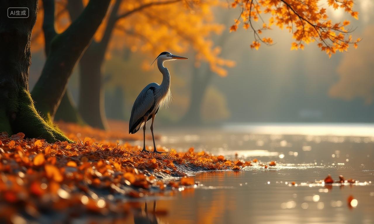 秋天溪水边的白鹭鸟类动物唯美氛围电脑壁纸