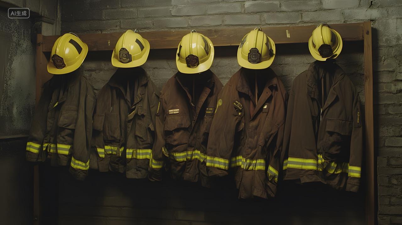 消防员制服与头盔展示全国消防日安全宣传图片