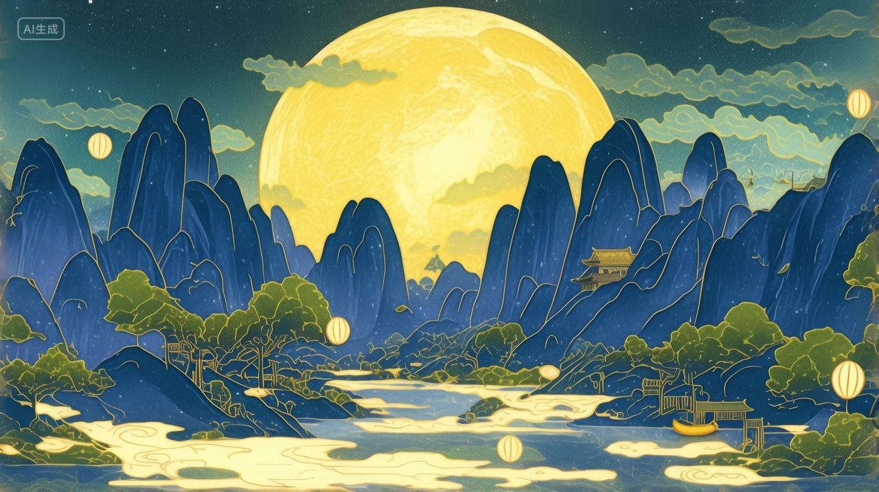 山河月色夜晚月亮山峰河流山水画中国画风景