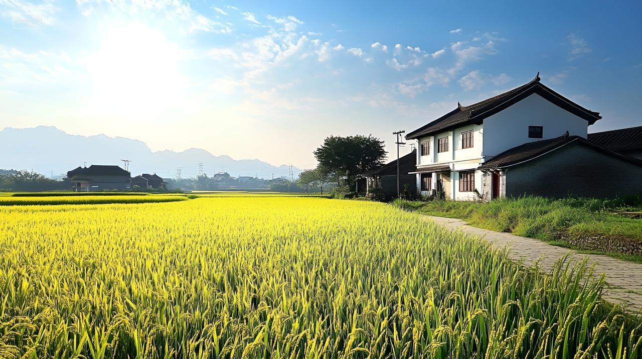 乡村振兴田野田园风光农村村庄房子稻田农田
