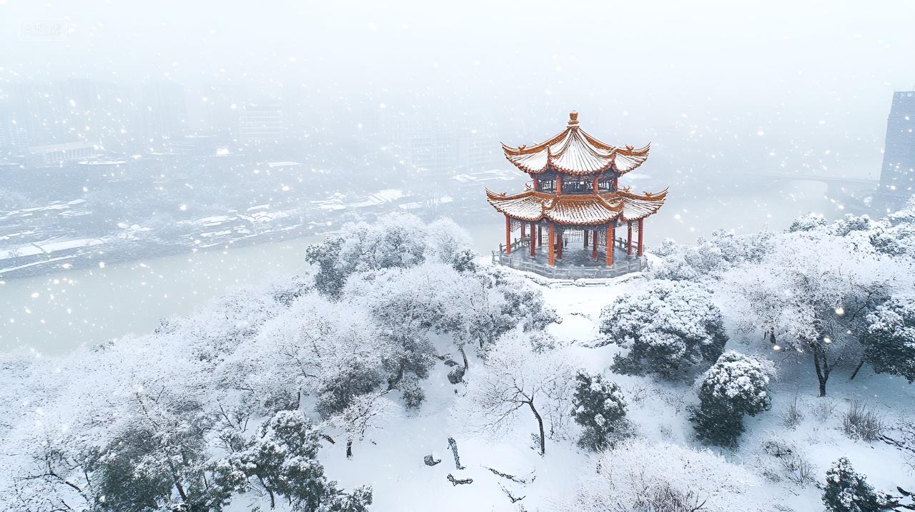 冬日雪景下的亭台楼阁中国风古建筑亭子