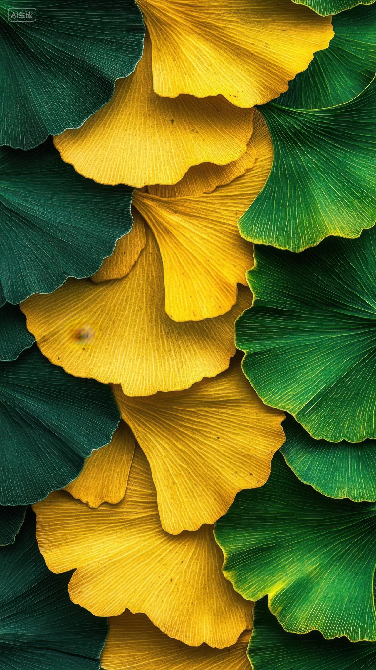 金黄与翠绿银杏叶