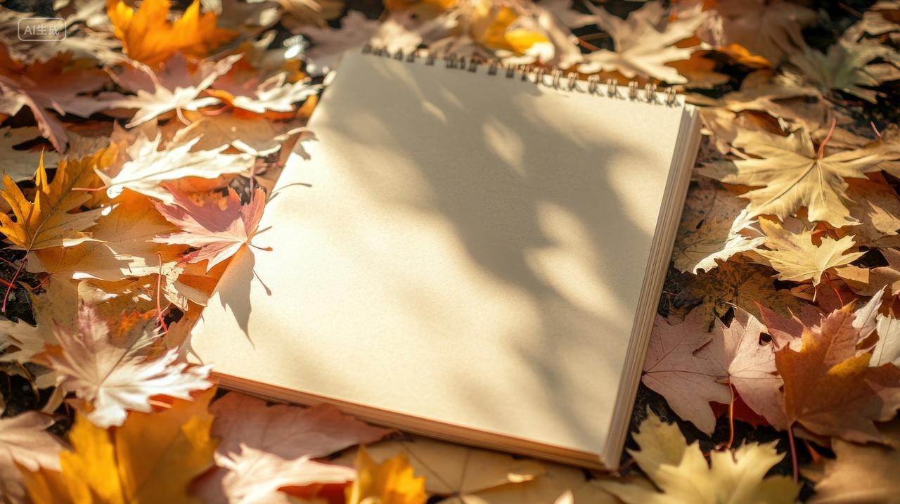 枫叶与空白笔记本