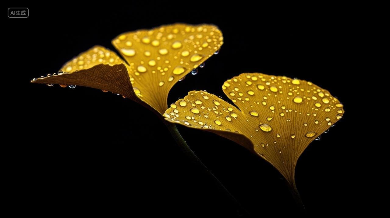 金黄色的银杏叶上的水珠