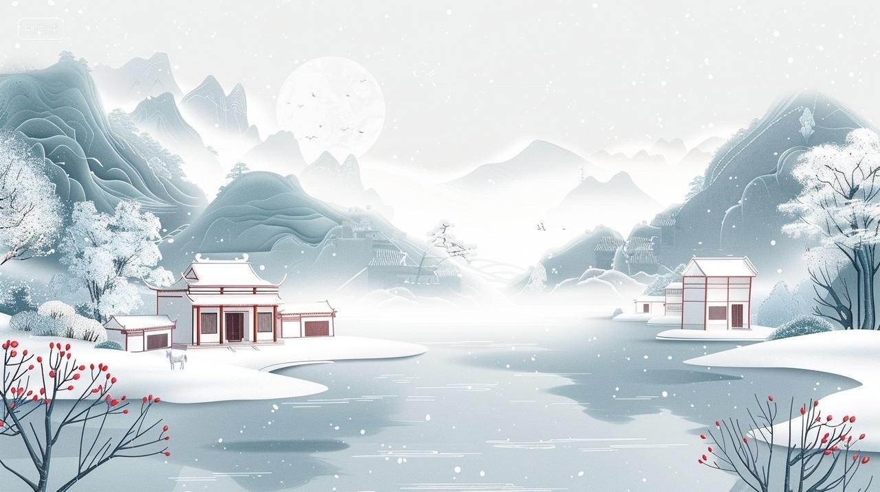 冬季湖面雪花白树浅灰天空远山雪屋雪景乡村寒冷立冬冬至小雪插画