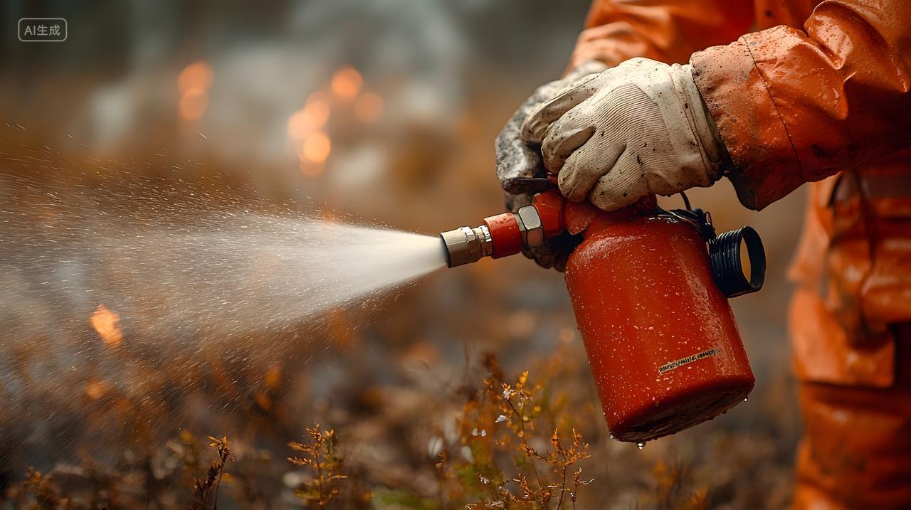 消防员使用灭火设备扑救火灾全国消防日主题
