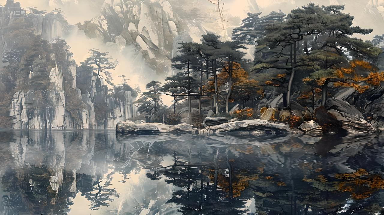 墨画山水画风光惟妙惟肖风景倒影