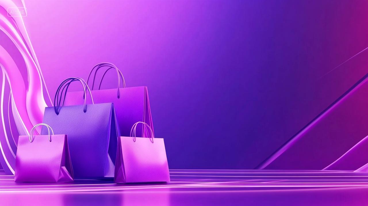 紫蓝色背景形态各异的购物袋特写插画