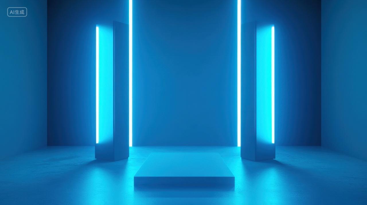 蓝色霓虹灯下的几何空间电商展台